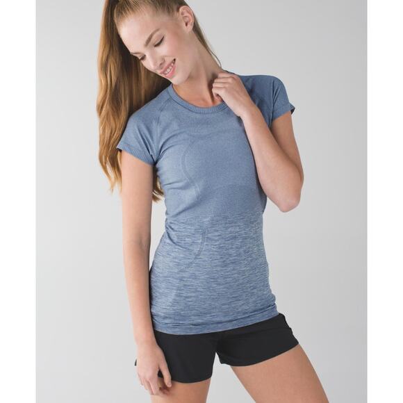 (4) $68 Lululemon Swiftly Tech Short Sleeve Crew Heathered Blue Denim - Picture 1 of 7